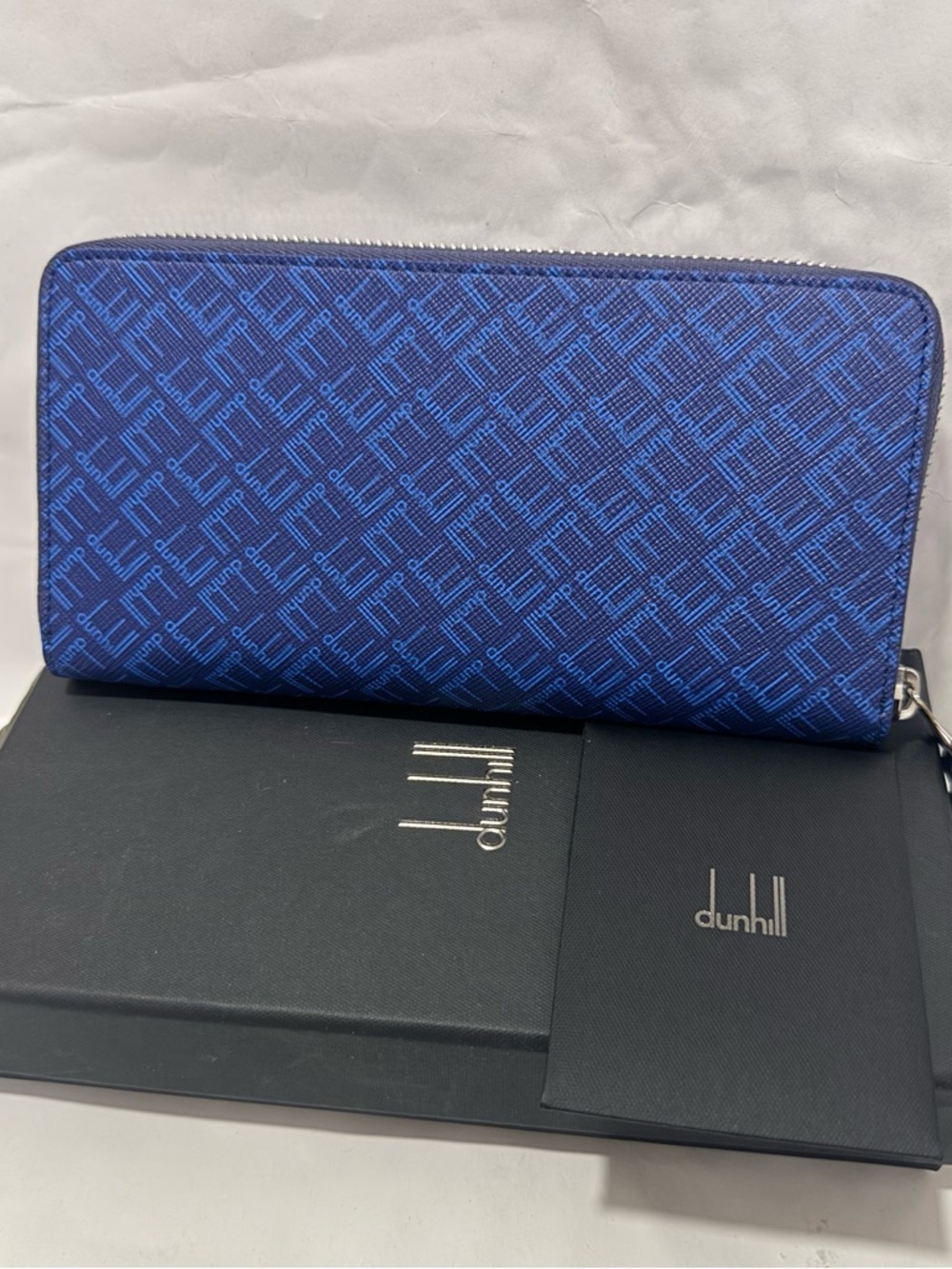 NWT Dunhill All-over Logo Print Leather Zip-around Long Wallet Blue